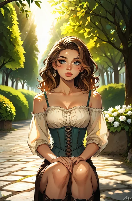 score_9, score_8_up, score_7_up, score_6_up, ), 1mg1mg , masterpiece,best quality, highly detailed, masterpiece,best quality, highly detailed, source_cartoon, uncensored, rating_explicit, casual, shiny skin, shiny highlights, emphasis lines, front view, cowboy shot, sexy pose,
cozy village at golden hour, warm sunlight casting a golden glow over quaint cottages with thatched roofs, cobblestone streets lined with blooming flower boxes, soft shadows from tall oak trees, a small river gently flowing through the center, peaceful and quiet atmosphere, fogrustic wooden fences and lush green gardens, golden hues reflecting off the windows, birds chirping in the distance,
modern twist on traditional clothing, fitted linen blouse with deep neckline, lace-up corset-style bodice in dark brown, accentuating the waist, paired with a flowy skirt in rich earthy tones, high slit on one side for ease of movement, worn over knee-high leather boots with decorative buckles, sleeves slightly puffed at the shoulders, intricate stitching along the hem and bodice, rustic yet elegant design, blending practicality with a touch of allure, bold and confident look for a countryside setting
beautiful woman, long wavy chestnut brown hair with soft natural highlights, bright hazel eyes with a gentle sparkle, smooth fair skin with a light natural glow, defined cheekbones and jawline, soft pink lips with a natural shape, delicate facial features, soft natural lighting highlighting her face and hair, confident and graceful expression, relaxed and warm atmosphere, refined and timeless beauty, ((naughty))
highly detailed, intricate details in hair and makeup, masterpiece, best quality, ultra highres, original, extremely detailed, perfect lighting
<lora:incase---1:0.5> <lora:S1_Dramatic_Lighting_v2:0.5> s1_dram <lora:1mg1mgXLP:0.6> <lora:GarvGirlsPony:0.7>