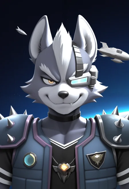 masterpiece,best quality, amazing quality, 1boy, solo, wolfSF, wolf boy, scouter, ssbb spiked shoulder armor, brawl blue vest, brawl black shirt, brawl necklace, choker, close up, smug,
space, space ship,