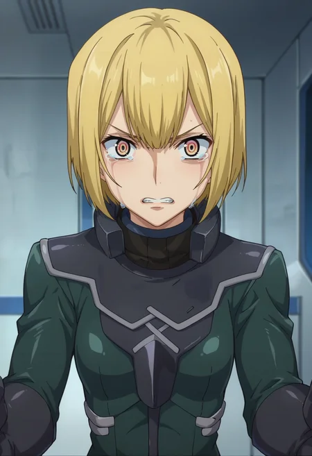 score_9,score_8_up,score_7_up,anime coloring BREAK source_anime,anime,<lora:Louise_Halevy_Gundam_00_Pony:0.8>,louise,1girl,solo,(innovator eyes:1.1),blonde hair,short hair,pilot suit,angry,crying with eyes open,clenched_teeth,reaching_out,indoors,upper_body,looking_at_viewer,