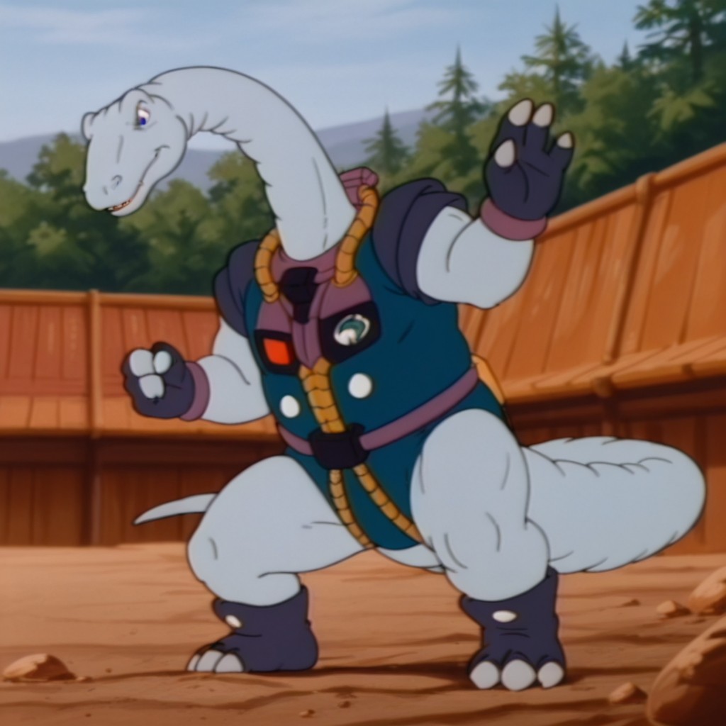 masterpiece, best quality, amazing quality,  BrontoDsil, anthro, male, brontosaurus, light blue skin, blue eyes, long neck, blue bodysuit, purple trim, short sleeves, dark blue sleeves, dark blue gloves, purple wristband, dark blue boots, outside, standing, fighting stance, solo, <lora:aa3cf94e-d9ed-4ab7-ba9a-cf15a79c2db2:1.0>