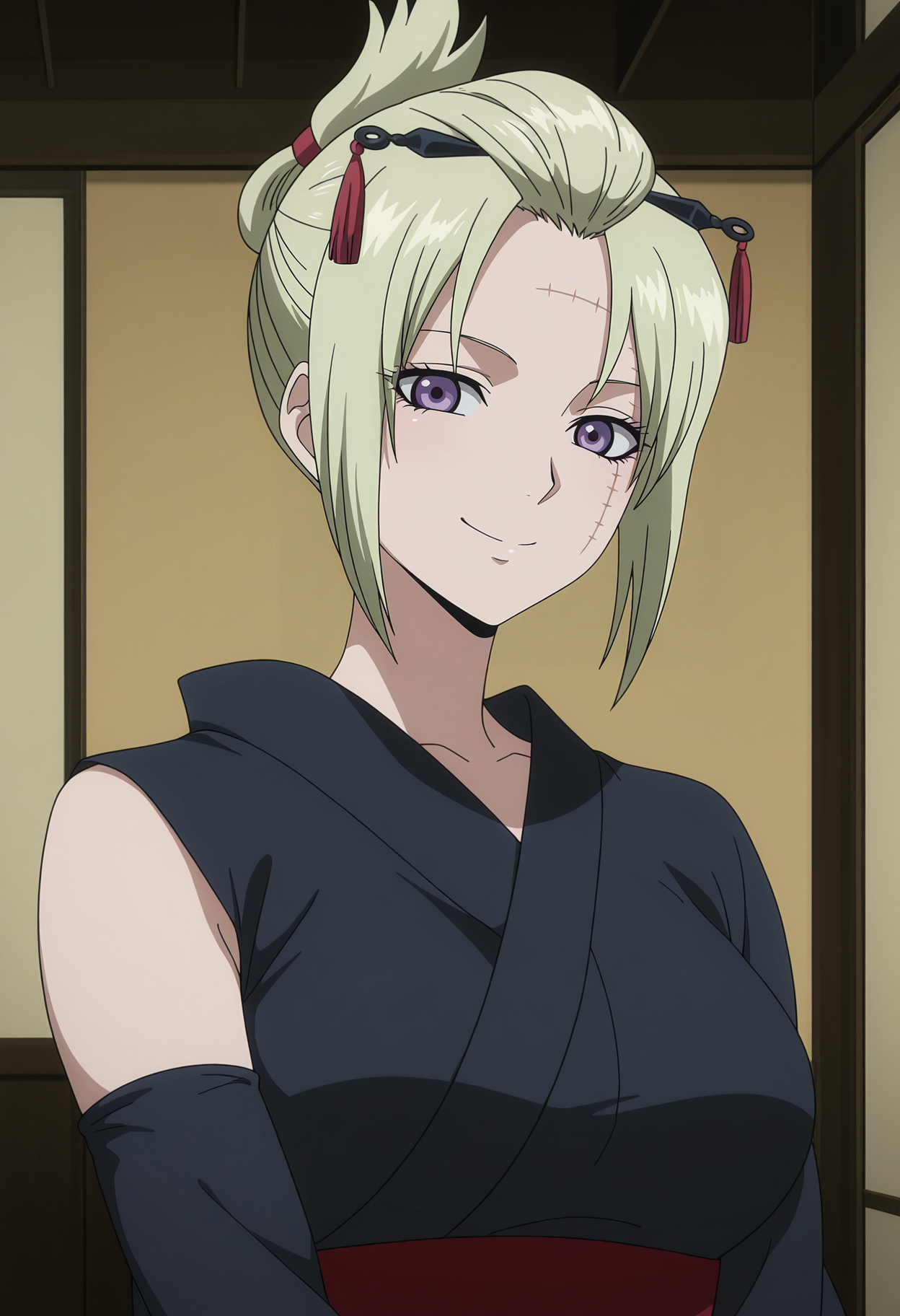 1girl,solo,mm,mature female,blonde hair,short hair,folded ponytail,purple eyes,scar,scar on face,hair ornament,anime coloring,
black kimono,detached sleeves,sleeveless kimono,upper body, looking at viewer, smile,indoors
,masterpiece,best quality,amazing quality,<lora:Tsukuyo-Gintama:0.8>