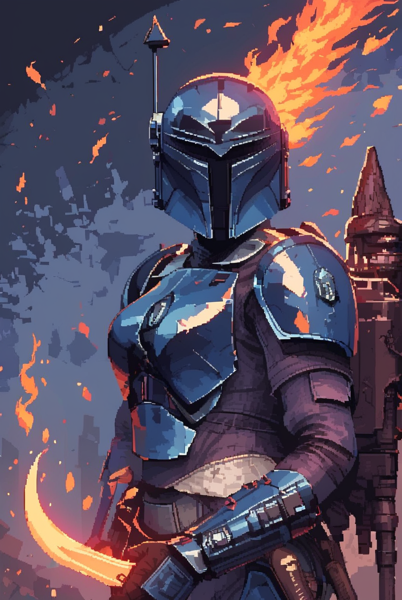 7-MandalorianArmour, solo, gloves, 1girl, holding, weapon, portrait, holding weapon, gun, helmet, knife, science fiction,  holding knife
swirling fire, embers ablaze 
blue armour, white armour trim, intricate patterns, highly precise
[pixel art,  detailed, 7-MandalorianArmour]
<lora:Mandalorian Armour PONY:1>  <lora:d3p1x3lXLP:1>