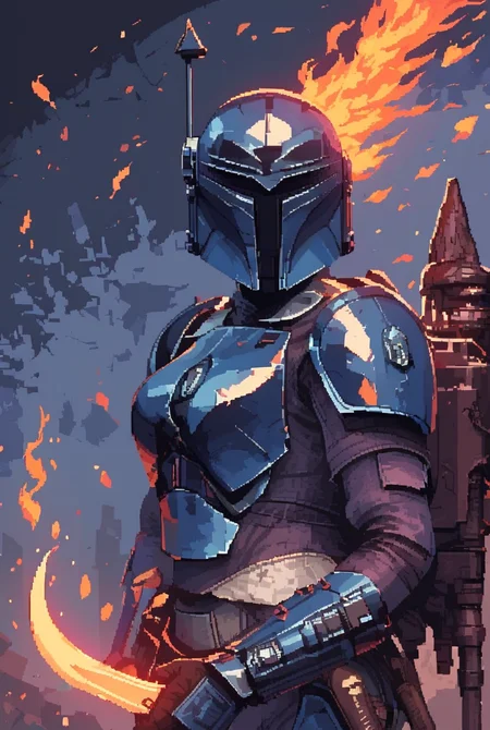 7-MandalorianArmour, solo, gloves, 1girl, holding, weapon, portrait, holding weapon, gun, helmet, knife, science fiction,  holding knife
swirling fire, embers ablaze 
blue armour, white armour trim, intricate patterns, highly precise
[pixel art,  detailed, 7-MandalorianArmour]
<lora:Mandalorian Armour PONY:1>  <lora:d3p1x3lXLP:1>