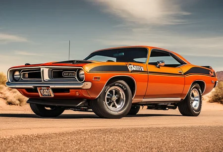 Creates an ultra-realistic, highly detailed image of a 1970 Plymouth AAR 'cuda car. (Interstate 76 Picard Piranha) orange with black stripes on the hood. The car has large caliber machine guns on the roof. Image captured on a desert road, natural light. Image layered in motion with motion blur.