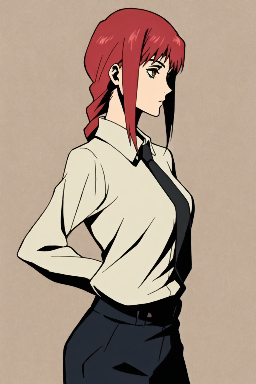 <lora:mak1ma0XL_Pony_v1:0.6> , mak1ma0, makima, red hair, long hair, ringed eyes, braid, white collared shirt,black necktie, black pants, 1girl, solo, alone, <lora:samurai_champloo_opening_style_illustriousXL:0.6>, samurai_champloo_op_style, masterpiece, highres