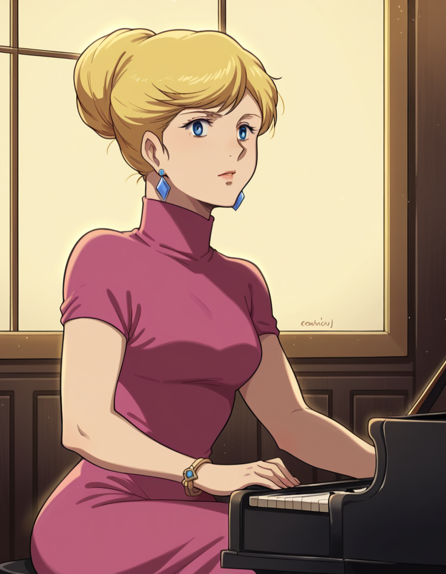 score_9, score_8_up, score_7_up, source_anime,
crowleyhamon, <lora:crowley-hamon-ova-ponyxl-lora-nochekaiser:0.7>,
crowley hamon, medium hair, blonde hair, blue eyes, hair over shoulder,
dress, jewelry, short sleeves, earrings, hair bun, single hair bun, pink dress, turtleneck,
sitting, piano, instrument, playing instrument, 
cowboy shot, solo, dutch angle,