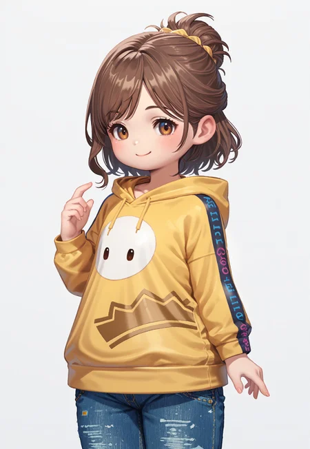 gentlebean_ffxiv, lalafell, chibi, 1girl, solo, hood, hoodie, yellow hoodie, hood down, denim pants, smile, white background, medium length hair, updo, brown hair, brown eyes, mature, voluptuous, simple background, BREAK PonyXLV6_Scores