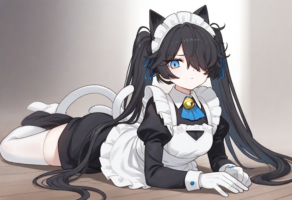 (Maid-kasli), solo, white gloves, dress, hair over one eye, maid apron, blue eyes, twintails, cat ears, maid headdress, maid, gloves, 1girl, apron, juliet sleeves, long sleeves, long hair, black hair, animal ears, bell,(Fall down),