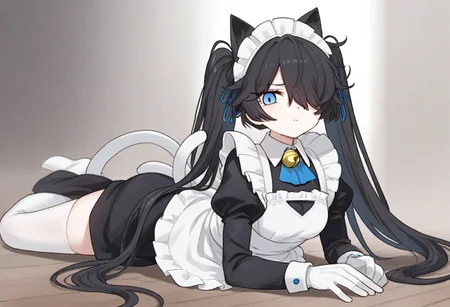 (Maid-kasli), solo, white gloves, dress, hair over one eye, maid apron, blue eyes, twintails, cat ears, maid headdress, maid, gloves, 1girl, apron, juliet sleeves, long sleeves, long hair, black hair, animal ears, bell,(Fall down),