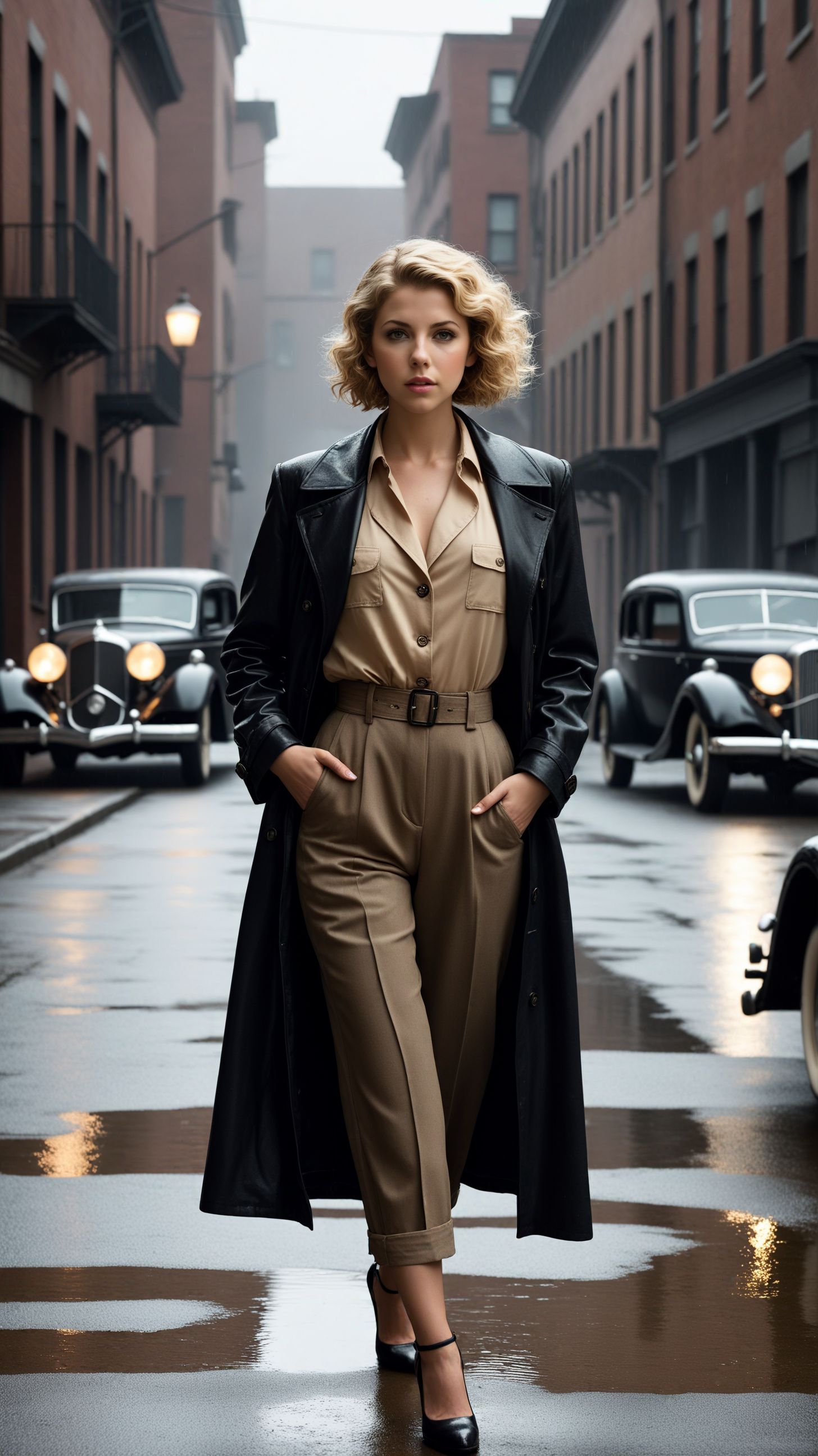 Dee_Glover, IllusP0s, (style of Kentaro Miura:0.8), cleavage focus, dynamic action pose, Magical effects, (sharp focus moody color photo of irish adult woman in a 1930s noir gangster suit, intense situation:1.03). ("ODY" sign:1.15). sprinkling rain, stands in alley, (style of Gregory Crewdson:1.15), gangster film aesthetic, dark moody cinematography, vintage American cars, rain-soaked streets, 1930s clothes, prohibition-era motifs, moody atmospheric settings, a street scene with vintage cars parked along a cobblestone road, adult woman dressed in trench coat over pant suit, aura of suspense and intrigue, noir-inspired lighting casting long shadows, dimly lit alleyways with flickering street lamps, a speakeasy entrance in the background, Dust Bowl influences with a gritty and somber atmosphere, overcast sky with drizzling rain, reflections on the wet pavement, a sense of mystery and tension in the air, capturing the essence of the Great Depression era. (skinny waist, sexy feminine hips, adult European adult woman:1.155), (full body dynamic pose, full length, wide shot, entire person, standing, head to toe, long shot, distant view), (chin-length short hair, bleached blonde curly hair, center part:1.153), (24 years old feminine, European adult woman:1.22), lightly freckled, black leather oxfords, classic round toe, timeless style, classic mary janes, Stable_Yogis_Illustrious_Positives