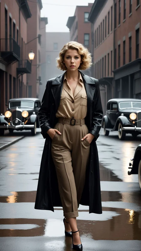 Dee_Glover, IllusP0s, (style of Kentaro Miura:0.8), cleavage focus, dynamic action pose, Magical effects, (sharp focus moody color photo of irish adult woman in a 1930s noir gangster suit, intense situation:1.03). ("ODY" sign:1.15). sprinkling rain, stands in alley, (style of Gregory Crewdson:1.15), gangster film aesthetic, dark moody cinematography, vintage American cars, rain-soaked streets, 1930s clothes, prohibition-era motifs, moody atmospheric settings, a street scene with vintage cars parked along a cobblestone road, adult woman dressed in trench coat over pant suit, aura of suspense and intrigue, noir-inspired lighting casting long shadows, dimly lit alleyways with flickering street lamps, a speakeasy entrance in the background, Dust Bowl influences with a gritty and somber atmosphere, overcast sky with drizzling rain, reflections on the wet pavement, a sense of mystery and tension in the air, capturing the essence of the Great Depression era. (skinny waist, sexy feminine hips, adult European adult woman:1.155), (full body dynamic pose, full length, wide shot, entire person, standing, head to toe, long shot, distant view), (chin-length short hair, bleached blonde curly hair, center part:1.153), (24 years old feminine, European adult woman:1.22), lightly freckled, black leather oxfords, classic round toe, timeless style, classic mary janes, Stable_Yogis_Illustrious_Positives