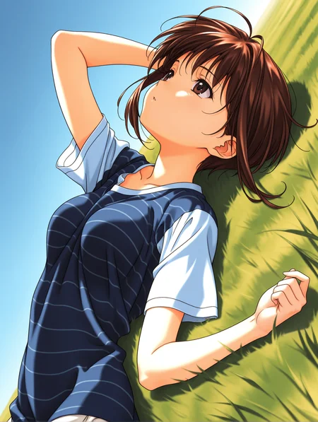 masterpiece,best quality,newest,
1girl,solo,
<lora:k_miu_ilxl_v1.1:1>,miu,short hair,brown hair,brown eyes,m_clothes,striped shirt,white mini skirt,medium breasts,
<lora:Fixhands_anime_bdsqlsz_V1:1>,simple_background,blue sky,lawn,a breeze,on back,arm_behind_head,dynamic_angle,cinematic_angle,dutch angle,