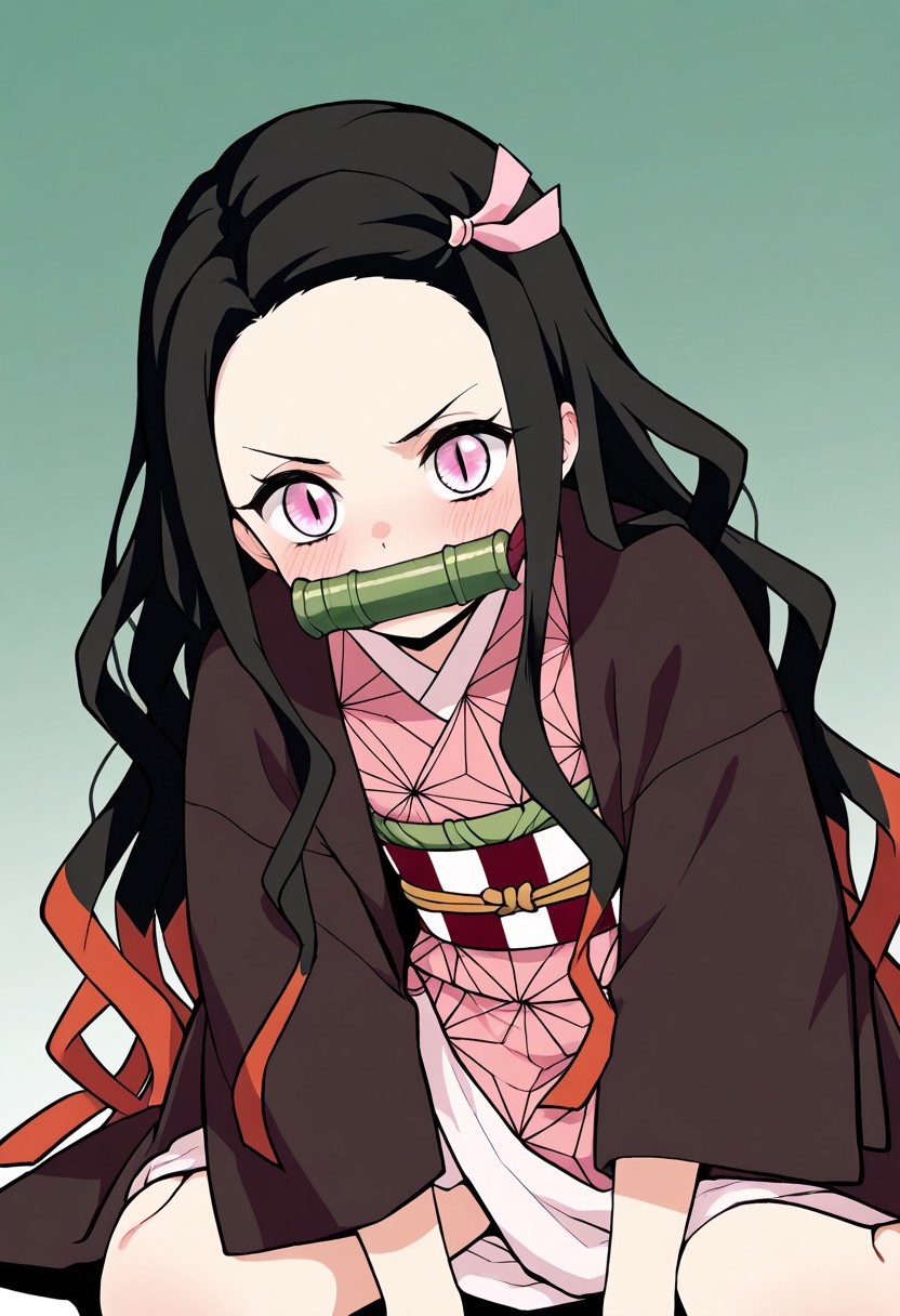 masterpiece, best quality, source_anime, nezuko kamado, black hair, forehead, hair ribbon, long hair, multicolored hair, pink eyes, orange hair, slit pupils, wavy hair, two-tone hair, bamboo, bit gag, gag, gagged, asa no ha \(pattern\), checkered sash, haori, japanese clothes, kimono, long sleeves, obi, pink kimono, sash, wariza, wide sleeves, leaning forward, close up, blush, detailed eyes, eye focus