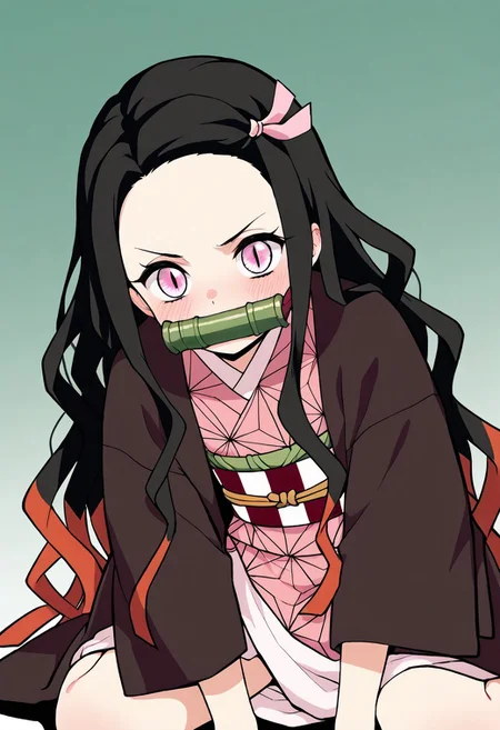 masterpiece, best quality, source_anime, nezuko kamado, black hair, forehead, hair ribbon, long hair, multicolored hair, pink eyes, orange hair, slit pupils, wavy hair, two-tone hair, bamboo, bit gag, gag, gagged, asa no ha \(pattern\), checkered sash, haori, japanese clothes, kimono, long sleeves, obi, pink kimono, sash, wariza, wide sleeves, leaning forward, close up, blush, detailed eyes, eye focus
