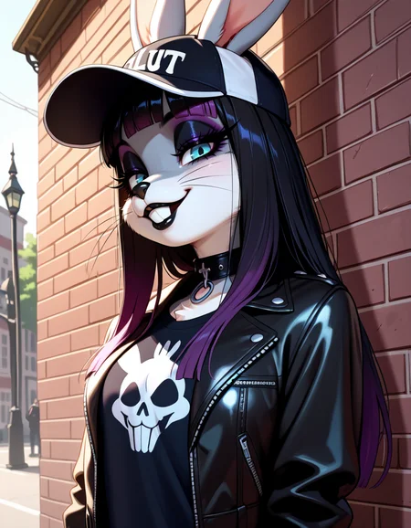 masterpiece, best quality, very aesthetic, absurdres,
outdoors, goth fashion,
upper body, posing, standing, headshot,
seductive smile, parted lips, long eyelashes,
<lora:Goth_Bugs_Bunny_v01_NAIXL:1>
G07h88,1girl,solo,furry,furry female,rabbit girl,rabbit ears,long hair,multicolored hair,black hair,purple hair,blunt bangs,rabbit ears,piercing,blue eyes,makeup,eyeshadow,snout,animal nose,whiskers,buck teeth,collar,body fur,two-tone fur,grey fur,white fur,
baseball cap, black lips, t-shirt, leather jacket,