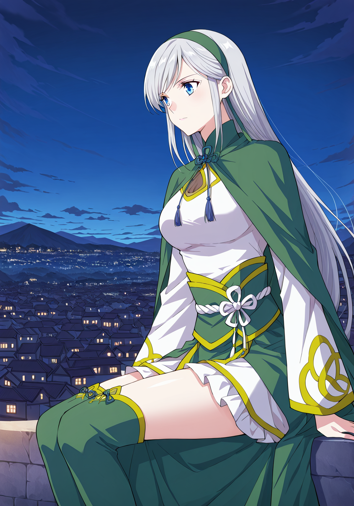 <lora:Han_Xue__Battle_Through_the_Heavens__Illustrious:1>
1girl, solo, silver hair, long hair, straight hair, hairband, blue eyes, anime style, elegant, 
fantasy outfit, eastern fantasy, green and white outfit, green cape, decorated cape, intricate design, tassel accessories, bow ribbon on chest, green obi belt, layered skirt, open chest cutout, long sleeves, green thigh-high boots,
score_9, score_8_up, score_7_up, score_6_up, source_anime, masterpiece, best quality, absurdres, highres, newest, anime coloring <break>  1girl, solo, sitting, on wall, from side, town, night sky, cloud