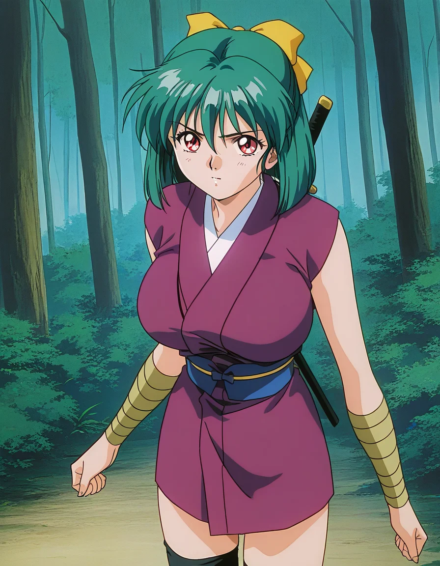 general,highres, ultra-detailed,very aesthetic,best quality ,best hands, BREAK <lora:Yaku_InjuuGakuen_IS:1.1>
Yaku, 1girl, green hair, short hair, red eyes, large breasts, hair ribbon, Yellow bow, black thighhighs,
japanese clothes, ninja, short kimono, purple kimono,
1990s \(style\),anime coloring,
copse of trees, forest,