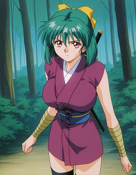 general,highres, ultra-detailed,very aesthetic,best quality ,best hands, BREAK <lora:Yaku_InjuuGakuen_IS:1.1>
Yaku, 1girl, green hair, short hair, red eyes, large breasts, hair ribbon, Yellow bow, black thighhighs,
japanese clothes, ninja, short kimono, purple kimono,
1990s \(style\),anime coloring,
copse of trees, forest,