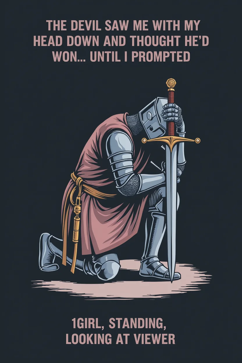 A meme format with a somber illustration of a Knight Templar down on one knee and leaning on his sword while looking downwards. The background is dark. The top text says "THE DEVIL SAW ME WITH MY HEAD DOWN AND THOUGHT HE'D WON... UNTIL I PROMPTED". The bottom text says "1GIRL, STANDING, LOOKING AT VIEWER".