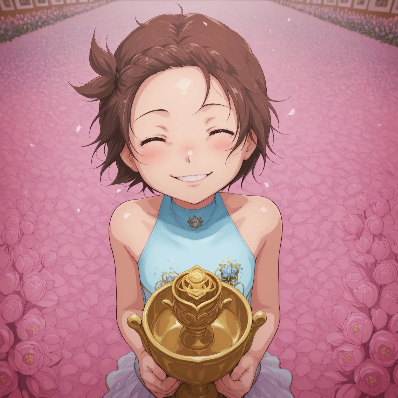 <lora:iwaoCIVITAI:1>, iwao178, yuitsuka inori \(medalist\), (eyes closed:1.5), (detailed background:1.5), (aesthetic background:1.5), (masterpiece), (best quality), (ultra-detailed), amazing quality, very aesthetic, illustration, perfect composition, intricate details, shiny skin, realistic, 1girl, (solo:1.5), aged down, (skate costume:1.5), brown hair, braided bangs, forehead, (glad:1.5), (satisfied:1.5), (head slightly tilted:1.5), (bright smile:1.5), blush, (tears of joy:1.5), (number one trophy:1.5), (holding number one tophy:1.5), (torso focus:1.5), (flowers all around:1.5), (lilac:1.5), (tulips:1.5), (myrtles:1.5) (gentian:1.5), (Nasturtiums:1.5), (anime style:1.5), surrounded by flowers, (flower petals:1.5), (facing viewer:1.5), pov, (surrounded by multicoloured flowers:1.5), (inside blue flower field:1.5), (petals in the air:1.5)