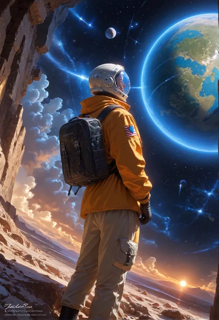 score_9,score_8_up,score_7_up,embedding:zPDXL2, masterpiece,best quality,highly detailed,detailed background, film grain,colorful,glowing,hand person,Expressiveh, , solo, 1boy, standing, male focus, bag, from behind, watermark, backpack, helmet, star \(sky\), scenery, 1other, science fiction, realistic, space, planet, ambiguous gender, spacecraft, spacesuit, astronaut, starship，<lora:增强\(增强)sdxl_lightning_8step_lora.safetensors:1.0:1.0> <lora:增强\(增强)Expressive_H-000001.safetensors:0.8:0.8> <lora:增强\(增强)Hands XL 4.safetensors:1.0:1.0> <lora:增强\glowneon_xl_v1.safetensors:1.0:1.0> <lora:Vixon\收藏\Vixon's Pony Styles Illumi.safetensors:0.8:0.8>