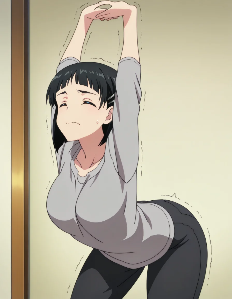 masterpiece, best quality, amazing quality,, <lora:suguha-kirigaya-s1-illustriousxl-lora-nochekaiser:1>, suguha kirigaya, short hair, black hair, hair ornament, hairclip, green eyes, mature female, breasts, anime screencap, <lora:cammy-stretch-illustriousxl-lora-nochekaiser:1>, cammy stretch, cammy stretch (meme), stretching, arms up, arched back, cowboy shot, trembling, closed eyes,, , ,