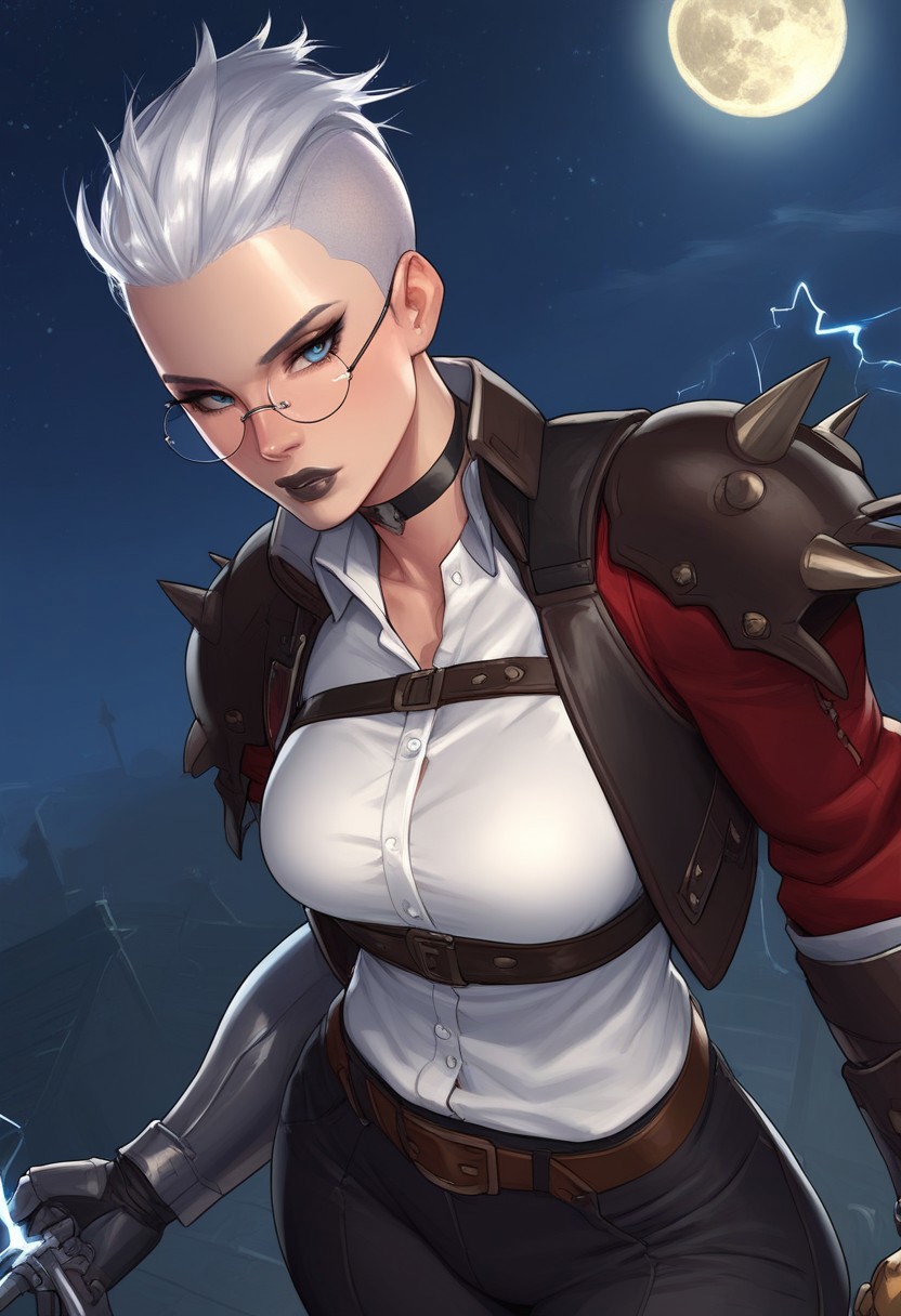 masterpiece,best quality, highly detailed, (tall female:1.2), score_9, score_8_up, score_7_up, solo, from above. upper body, Expressiveh, girl, ((short white hair, undercut, slicked back hair)), side light, blue eyes, (black lips), ((one mechanical arm)), (beautiful body:1.5), (athletic body:1.5), (beautiful breasts), physically fit, slender build, tomboy, wide hips, toned female, thick lips, (white shirt), unbutton, choker, leather vest, leather armor, steel gauntlet, single shoulder armor, black pants, belt pouch, knee guards, ((round glasses)), holding electricity in hand, unique angle, unique perspective, dramatic angle, fantasy tavern scenery, night time, moon, stars, Rim light