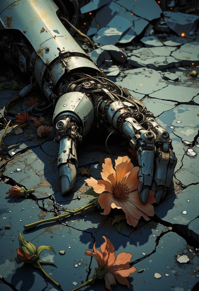 top-down, Extreme close-up of a fallen mechanical arm lying motionless on the cold, cracked ground—its intricate plating scratched and dented, exposing tangled wires and frayed connections leading out of frame. The fingers, a delicate fusion of metal and hydraulics, are barely holding onto a wilted flower, its petals trembling in the dim, dust-filled air. The grip is loose, as if slipping away, suggesting the final moments of its unseen owner just beyond the frame. Soft ambient lighting casts long shadows over the rusted metal, while faint industrial sparks flicker in the distance. The composition emphasizes the contrast between lifeless machinery and fleeting organic beauty, evoking a profound sense of loss and finality.