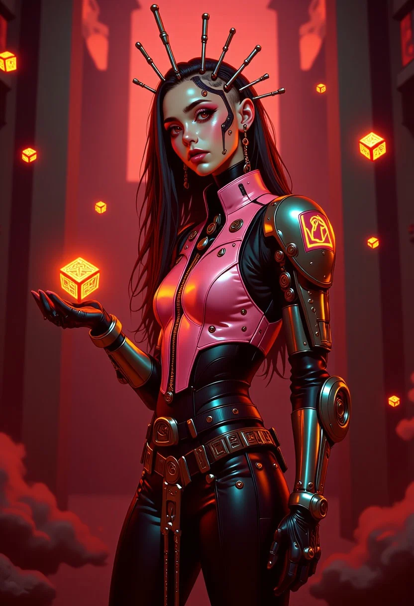 A striking portrait of a futuristic and elegant woman, standing confidently, looking at the viewer. Her outfit is a form-fitting bodysuit with a dual-toned design: pink and sage green. The fabric is smooth and detailed, hugging her figure while exuding both elegance and a touch avantgardepunk. Wearing long gloves, emphasizing her poised and composed stance. She has an undercut hairstyle with one side shaved revealing intricate geometric patterned implants. She wears an elaborate, angular headpiece that fans out like a futuristic crown, made of thin metallic rods. Her makeup a dramatic goth look with dark eyeliner, with black lipstick. Adding a mythpunk flair, her hand gracefully raised casting a spell, glowing, golden dice float effortlessly in the air of varying sizes. The dice have intricate runic engravings that catch the light, giving them a mystical and futuristic feel. The smoky, glowing background of warm reds and oranges is rich with smoky textures and glowing, diffused light, enhancing the warm tones of the scene and creating a dramatic atmosphere.
