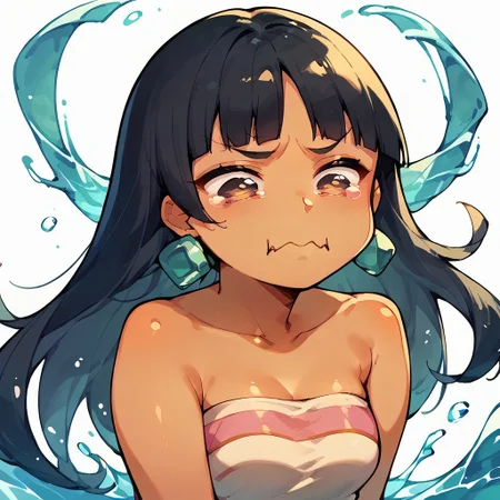score_9,score_8_up,score_7_up,score_6_up,score_5_up,score_4_up, solo, 1girl, aquacrying, wavy mouth, closed mouth, tearing up, ChelXLP, dark skin, blunt bangs, long hair, black hair, jewelry, earrings, makeup, tube top, collarbone, water splash, flying ribbons, face focus, upper body