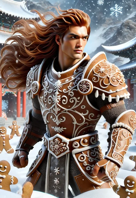 GBKnight, masterpiece, best quality, stunning detail, highly aesthetic, absurdres, 1boy, solo, handsome, (fighting stance:1.2), (full gingerbread armor, intricately detailed armor, gingerbread shoulder guards), gingerbread-theme armor, muscular_male, intense gaze, serious expression, (detailed eyes, snowflakes in hair, snow on clothes:1.2), long flowing hair, hair gently floating, black hair, light filtering through hair, outdoors in ancient China, set in a secluded mountain temple, breathtaking views, winding stone paths, covered in snow, falling cherry blossoms, delicate snowflakes drifting, above the clouds, tranquil atmosphere, east Asian architecture, surrounded by misty mountains.