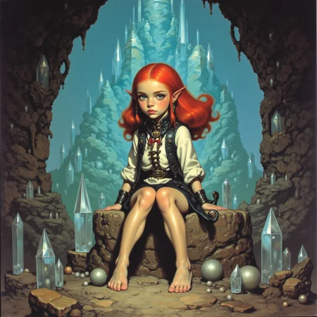 Frank Frazetta fantasy oil painting, of a halfling girl in an ancient crystal cavern.  She has red hair and freckles with pointy ears, she has bare feet with red hair on top of them.  She wears a medieval style lace up tunic.