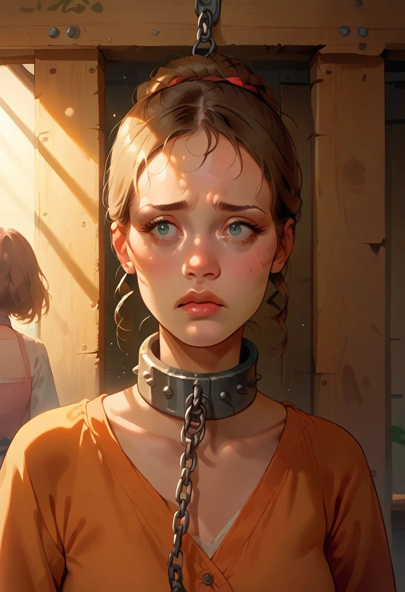 Score 9, Score 8 higher, Score 7 higher,3 girls, focus on one girl looking like Guin, wearing ragged clothes, 2 different looking girls in the background, bamboo cage, wooden boards, they look exhausted and sad, wearing chains, a rusty iron collar, are tied up, ready to be sold at the market, view from perspective, evening light, last rays of sunlight falling through the bars,Wooden boards, planks