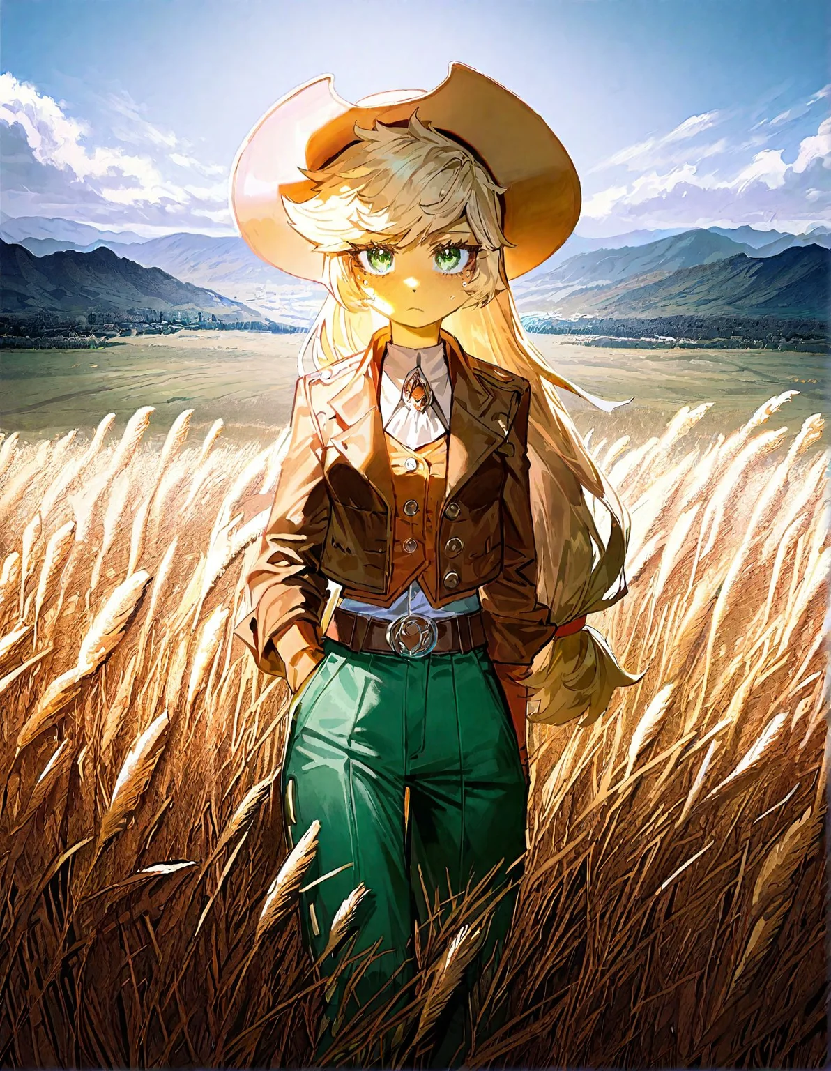 applejack , 1girl, blonde_hair , cloud ,colored_skin, furry, furry_female, long_hair,orange_skin ,outdoors, personification , solo, , wheat_field,Straw ,dot_nose, freckles, green_eyes , medium breast,
green_pants, jacket,long_hair, official_alternate_costume, open_jacket, pants, single_braid, yellow_shirt,adapted_costume , braid ,brooch ,brown_belt, brown_hat, brown_jacket, buttons, cowboy_hat ,detached_collar, knee_boots, windy, hand_on_own_hat ,holding own hat, looking at viewer,
rella, rolua, quasarcake:0.8, negative space, very awa,
masterpiece, best quality, Good quality, very aesthetic, absurdres, newest, (Perfect details),
<lora:ponyv5_noobV065S_1_adamW:0.8>, <lora:illustrious_noobai_epsilon_pred_1_best_quality_v1:0.7> ,<lora:illustrious_noobai_epsilon_pred_11_very_aesthetic_v1:0.7> ,<lora:illustrious_noobai_epsilon_pred_1_masterpieces_v1:0.7> , <lora:Straw_thread:1>