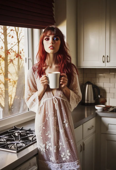 realistic, score_9, score_8_up, score_7_up, 1girl, Yor Briar, bangs, long hair, deep red eyes, in kitchen, near kitchen top, drinking hot coffee from mug, wearing nightgown, in morning, autumn season, sunlight coming through window, photography in the style of Guy Aroch