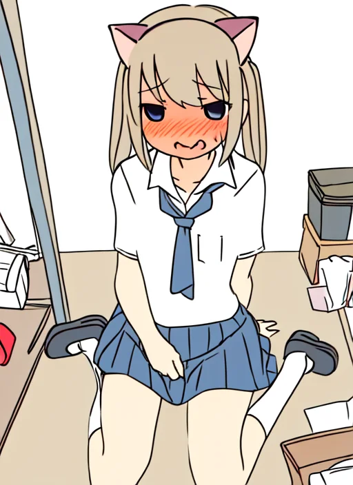 <lora:cartoony:1>
flat color,
1girl, embarrassed,
fake animal ears, hairband, cat ears,
school uniform,
wariza, messy room,