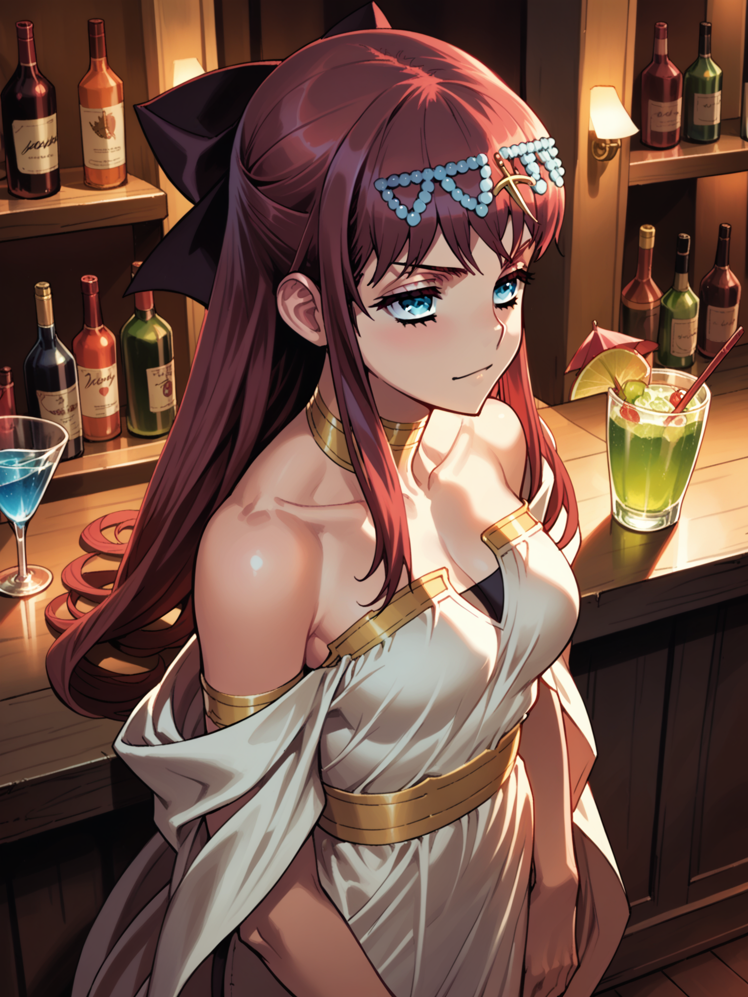 (upper body, solo:1.1) <lora:happy_tentacle-elseria-v0.5-000020:1>, ht_elseria, hair bow, 1girl, circlet () ( :1.1) ( , , ( :1.2) , , (looking at another:1.2) :1) , indoors, ((night, night sky :0.6), :0.8), ( window :0.9), (furniture:0.9), , , , people , ( :0.8), bar, cocktail , (evening gown:1.2) (( from above :1.3) :0.8) score_9, score_8_up, score_7_up, score_6_up, score_5_up, score_4_up, [(realistic, photorealistic:1.3):(realistic:1.2):24] [(3d:1.2)::16] <lora:LUUNA's Lunas-NijiJourney-SDXL-B2:0.35>, nijijourney <lora:prgfrg23's Counterfeit-V3.0 Style SDXL_LoRA_Pony Diffusion V6 XL:0.5> <lora:mfcg's mfcgXL:0.12> <lora:reweik's gyokai(himehajime)_PonyXL_style_v01:0.14>