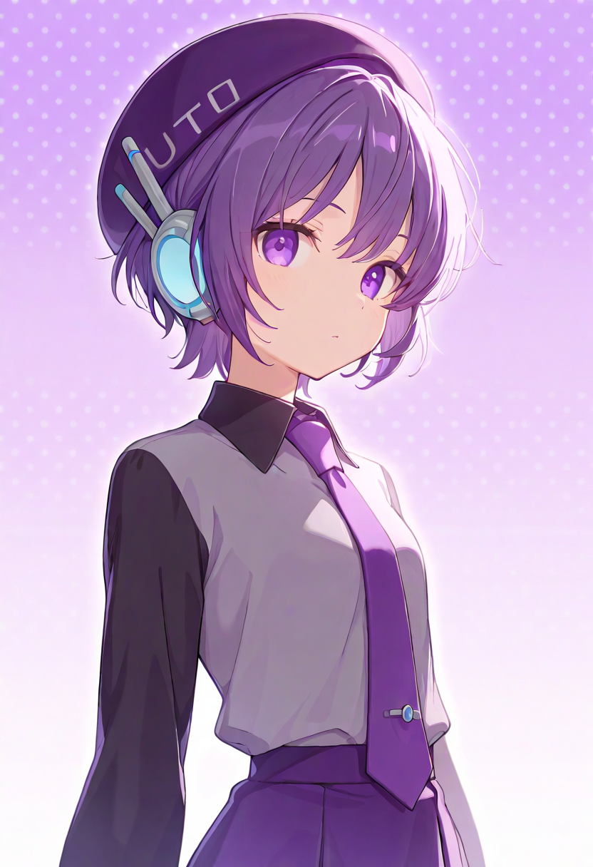 <lora:defoko_Illustrious_Mlaofmd-10:1.0>, masterpiece, best quality, high quality, depth of field, ambient silhouette, backlighting, 1girl, defoko, purple hair, purple beret, purple eyes, grey headset, grey shirt, black sleeves, purple necktie, purple skirt, purple boots, upper body, polka dot background, purple background, looking at viewer,