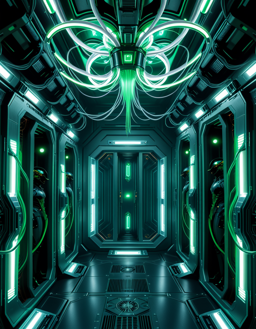 A dark, oppressive regeneration chamber deep within a Borg vessel â a biomechanical environment where drones return to recharge and interface with the collective. The chamber is dimly lit with pulsating green and white lights that flicker through dense shadows. The walls are lined with vertical alcoves, each containing a Borg drone standing motionless, plugged into the system via biomechanical tendrils, tubes, and neural interfaces embedded into their bodies.
The surfaces of the room are a fusion of metallic plating, organic texture, and cybernetic growths â as if the ship itself is alive, constantly shifting and adapting. Steam hisses softly from vents near the floor, and faint mechanical whirring echoes through the chamber. Fiber optic cables pulse with data transmissions, running across the ceiling like glowing veins. 
Above, a central neural conduit hangs like a mechanical spine from the ceiling, branching out and connecting to each alcove, feeding the collective hive mind with real-time information. The atmosphere is cold, sterile, and unnervingly silent â a place devoid of individuality, where only the will of the collective exists. There is no comfort here, only efficiency, order, and total control. 
<lora:SDXLFaeTastic2400:0.4> <lora:extremely_detailed:0.4> extremely detailed,<lora:borg_recharge_ch4mb3r:1>,borg recharge ch4mb3r, Masterpiece,best quality,hi res,8k,hi res,8k,award winning,(sharp focus, intricate, highly detailed),