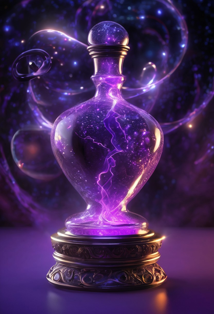 Score_9, Score_8, high_def, highest quality, 4k, best quality, masterpiece, focused, defined, Photorealistic magic potion, intricate glass bottle, elixir, neon silver, neon purple colors, ethereal light, flashy lights, magic lights, luminous, dynamic reflections, magical aura, highly detailed, fantasy essence, glowing particles, radiant aura