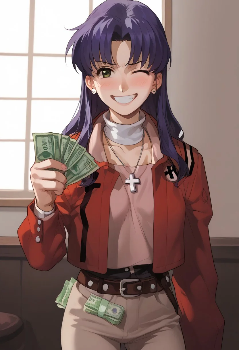 abbystea style, score_9, score_8_up, score_7_up, source_anime, rating_explicit, misatokatsuragi, misato katsuragi, long hair, brown eyes, purple hair, parted bangs, a lot of jewelry, jacket, belt, straps, necklace, cross, cross necklace,  evil smile, wide smile with teeth, cowboy shot, looking at viewer, solo, gangstersb, thumbs up, one eye closed, grin, smile, money, holding money, portrait, cropped torso, indoors, in misato katsuragi flat, 
BREAK,
1boy, shinji, sad shinji on background, shinji sad, shinji blushy,