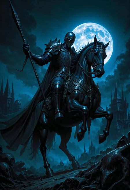 An1meL1nes, A menacing horsemen knight, clad in dark, imposing armor and holding a long, weighty lance, navigates through a foreboding night landscape. The image is a painting that exudes an eerie and powerful aura. The knight's steed is a shadowy beast, its eyes gleaming with malice as it gallops through the darkness. The knight's shield bears ominous insignias, and the moonlight casts an ominous glow on the knight's sinister silhouette. This high-quality image captures the essence of fear and strength with every meticulous detail. <lora:FluxMythAn1meL1nes:1>