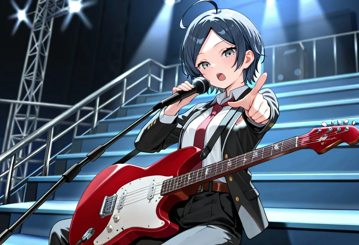 (masterpiece, best quality:1.4), looking at viewer, cowboy shot, outdoors, stairs, sitting, hachiman hikigaya, ahoge, grey eyes, black pants, school uniform, black jacket, open jacket, white shirt, belt, playing instrument, electric guitar, singing, pointing at viewer, stage lights, dark background, ,masterpiece,best quality,amazing quality, <lora:hachiman_hikigaya_v1:0.7>