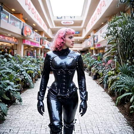 1girl, asian, pink hair, pretty, adult, glossy black catsuit, HW_corset, latex gloves, leggings, covered in latex, thigh high boots, runing and shooting five-seven, FN Five-seveN, action shot, outdoors, fashion mall, indoor plants, escalator, food court depth of field, highly detailed, ArsMovieStill, 80s Fantasy Movie Still