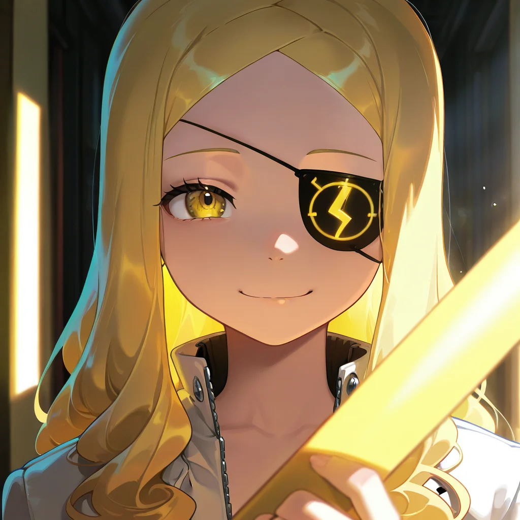 masterpiece, best quality, amazing quality, very aesthetic, absurdres, newest, volumetric lighting,
souleaterstyle,,Marie,
1girl,solo,long hair,looking at viewer,smile,blonde hair,holding,brown eyes,closed mouth,jacket,yellow eyes,eyepatch,portrait,
,masterpiece, best quality, amazing quality, very aesthetic, absurdres, newest, volumetric lighting,
, <lora:soul_eater_illustrious:0.8>,