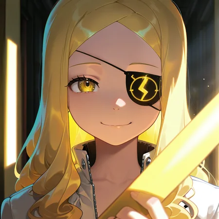 masterpiece, best quality, amazing quality, very aesthetic, absurdres, newest, volumetric lighting,
souleaterstyle,,Marie,
1girl,solo,long hair,looking at viewer,smile,blonde hair,holding,brown eyes,closed mouth,jacket,yellow eyes,eyepatch,portrait,
,masterpiece, best quality, amazing quality, very aesthetic, absurdres, newest, volumetric lighting,
, <lora:soul_eater_illustrious:0.8>,