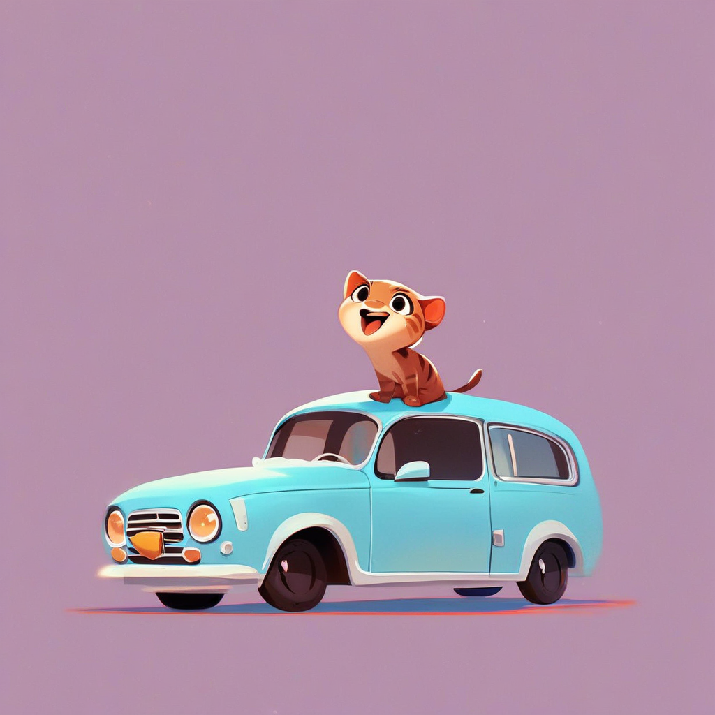 aaAR7fd, score_9,score_8_up,score_7_up,score_6_up, solo, cute, no humans, animal focus, open mouth, tongue out, car, American shorthair, walk, full body, happy, purple background, source_anime,