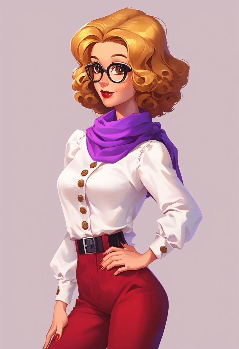 score_9, score_8_up, score_7_up, Casgas, BREAK, 1girl, woman, mature, solo, pretty, businesslike, beautiful, sexy, blonde, medium hair, bob hairstyle, bangs to the eyes, curled hair, dark red lips, dark red manicure, brown eyes, dark red trousers, thin waist, thin, medium breasts, purple scarf tied around her neck, bright red blouse with voluminous sleeves, blouse sleeves shoulder-length, black round buttons on an open blouse, a gray T-shirt under the blouse, a black belt with a copper buckle, glasses in a bright red frame, BREAK left hand holds the lens of the glasses with her fingers, the right hand on her hip, standing, cowboy shot, semi-sideways, half-sideways, looking to the right, BREAK simple background, white background
