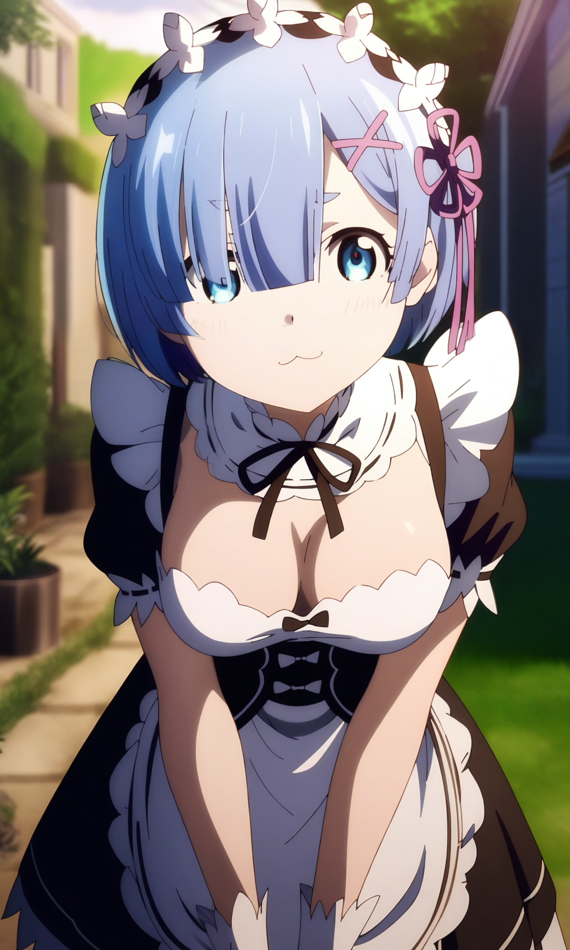(masterpiece), (best quality), newest, (intricate details, very aesthetic), good hands, <lora:Anime_Screencap_Enhancement-v1:1> fine_ascxl, anime screencap,  1girl, rem \(re:zero\), re:zero kara hajimeru isekai seikatsu, blue hair, maid, maid headdress, outdoors, garden, looking at viewer,  :3, leaning forward,  solo focus, day, light rays, breasts<lora:sd_xl_dpo_lora_v1:1>