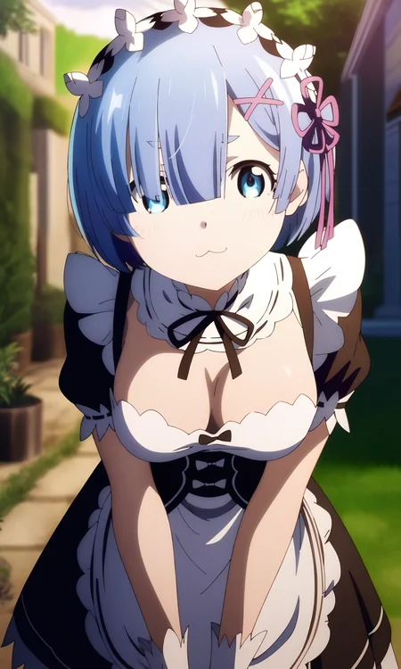 (masterpiece), (best quality), newest, (intricate details, very aesthetic), good hands, <lora:Anime_Screencap_Enhancement-v1:1> fine_ascxl, anime screencap,  1girl, rem \(re:zero\), re:zero kara hajimeru isekai seikatsu, blue hair, maid, maid headdress, outdoors, garden, looking at viewer,  :3, leaning forward,  solo focus, day, light rays, breasts<lora:sd_xl_dpo_lora_v1:1>